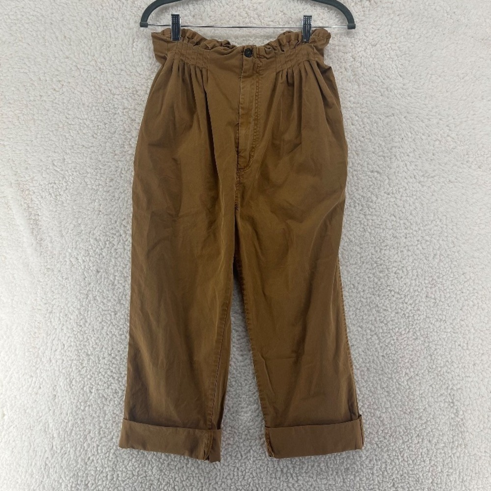 Free People Paperbag Waist Pants Small Brown Cotton High Rise Cuffed Cropped